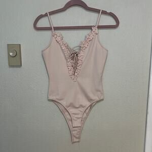 Topshop Balletcore Coquette Floral Deep V Lace UP Trim Baby Pink Bodysuit Tank